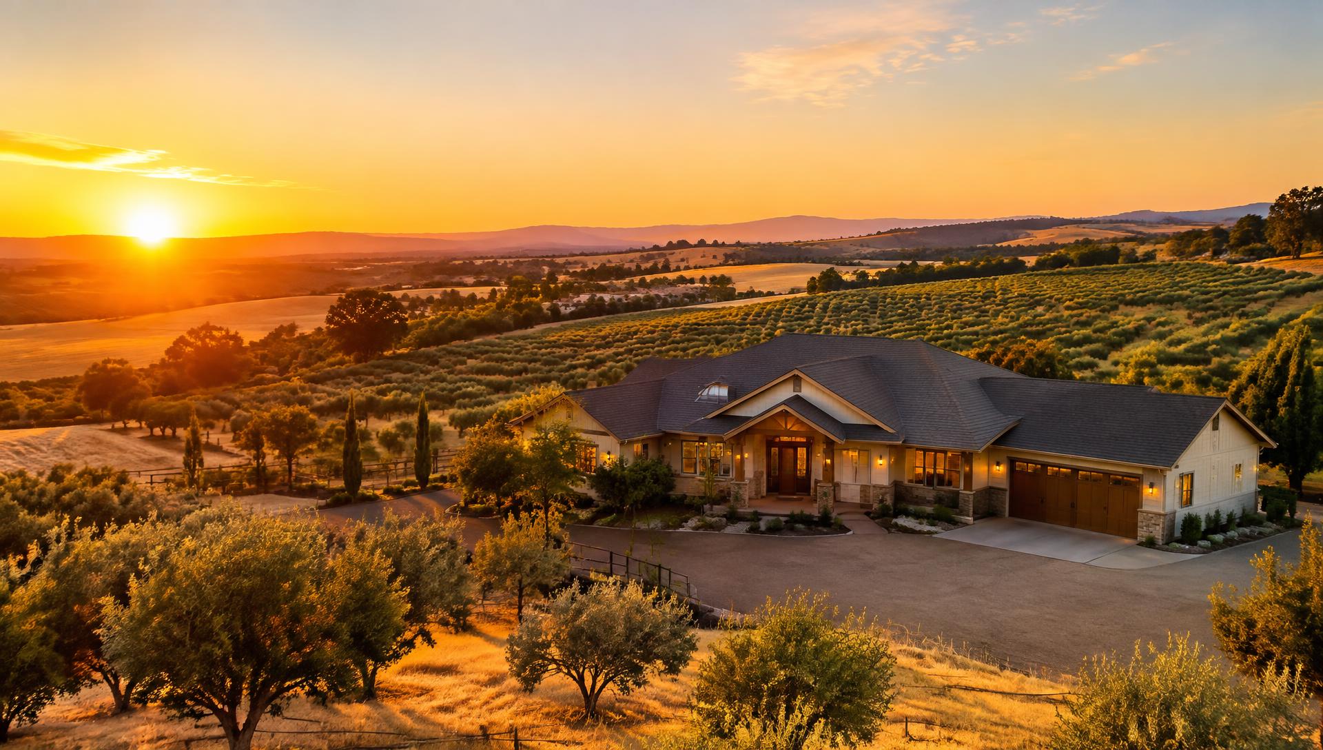 Northern California home at sunset over farmland